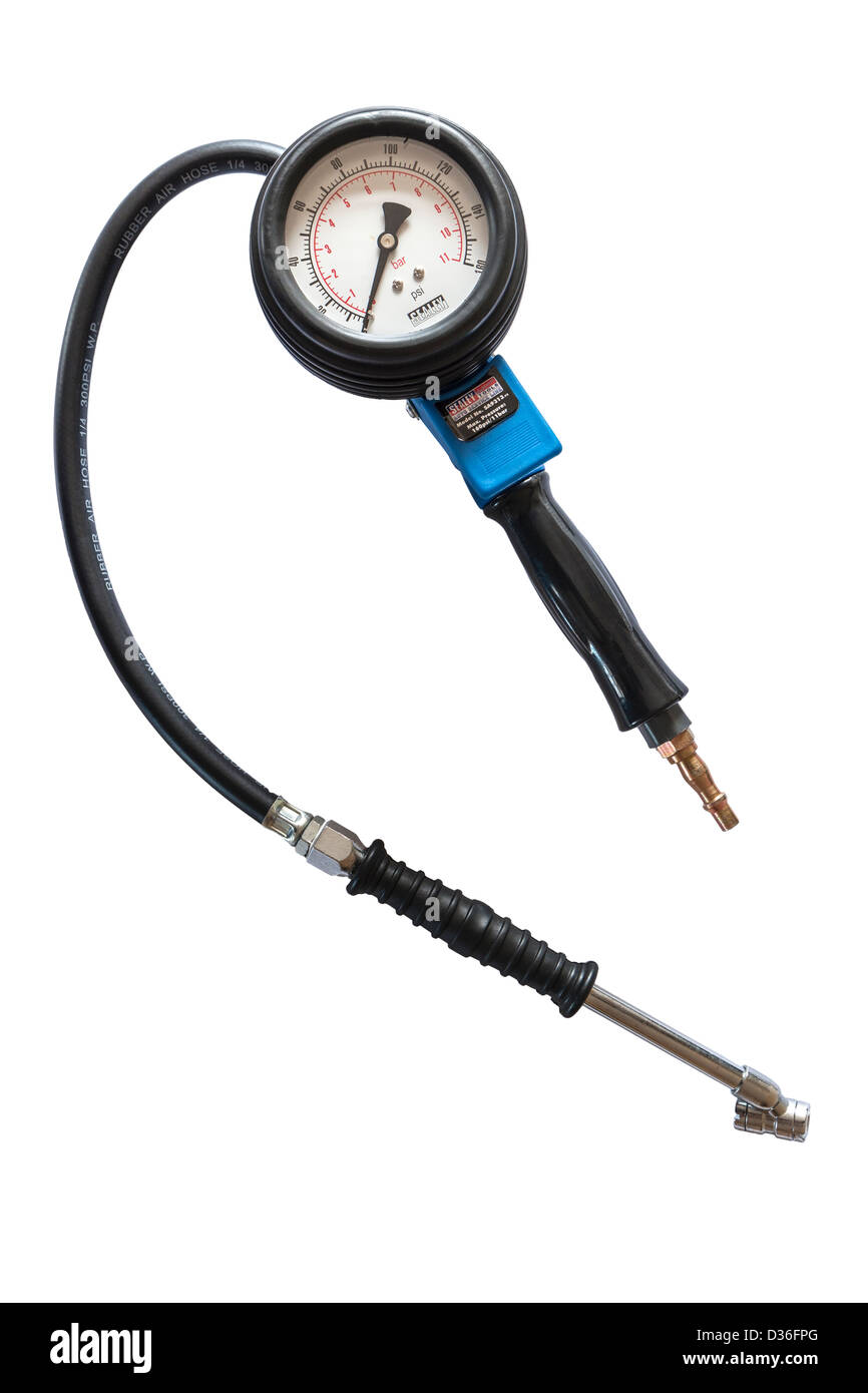 An air tyre pump and pressure gauge tool for use with an air compressor on a white background Stock Photo