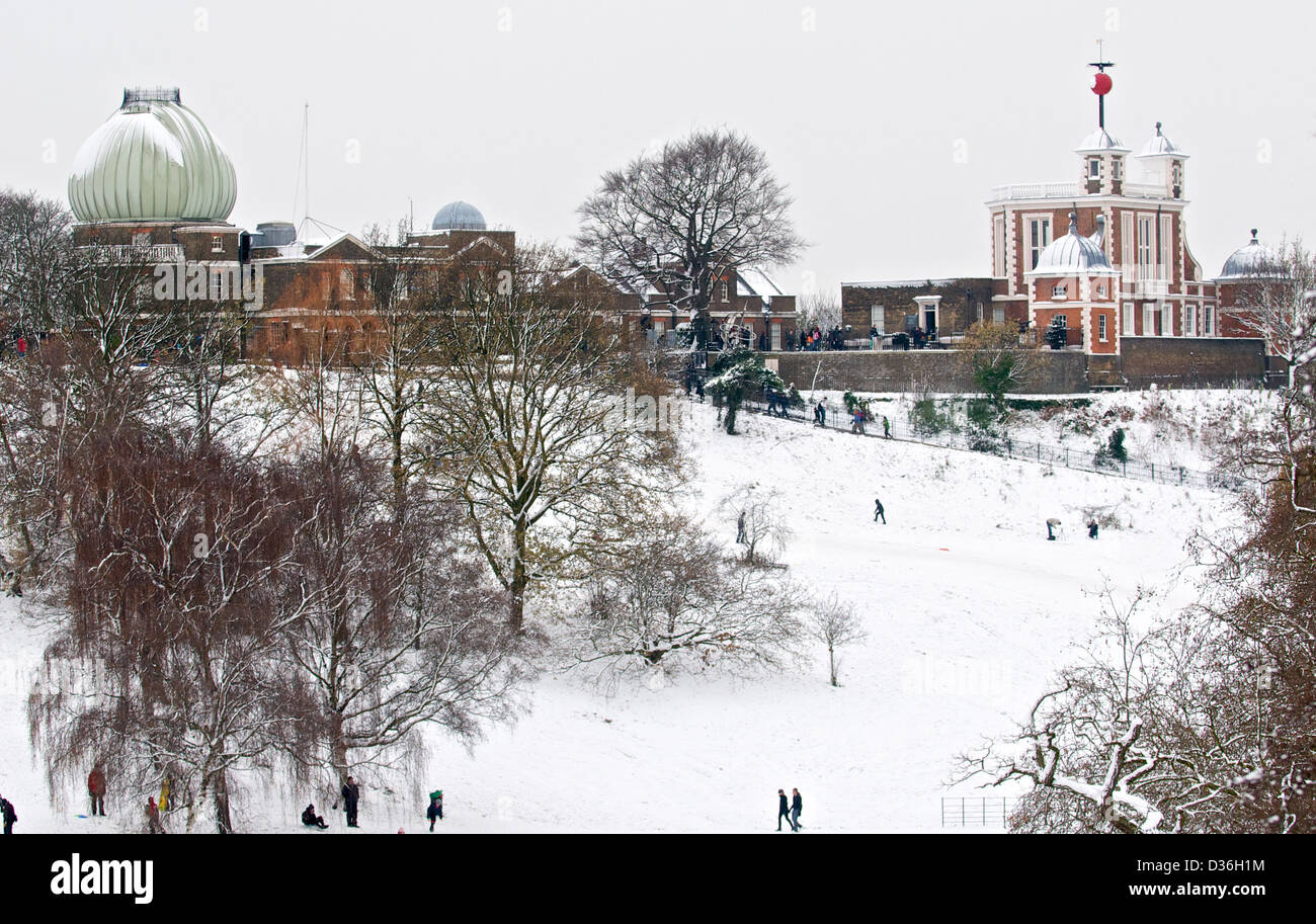 The Royal Observatory, Greenwich in a snow covered Greenwich Park, London, England, UK Stock Photo