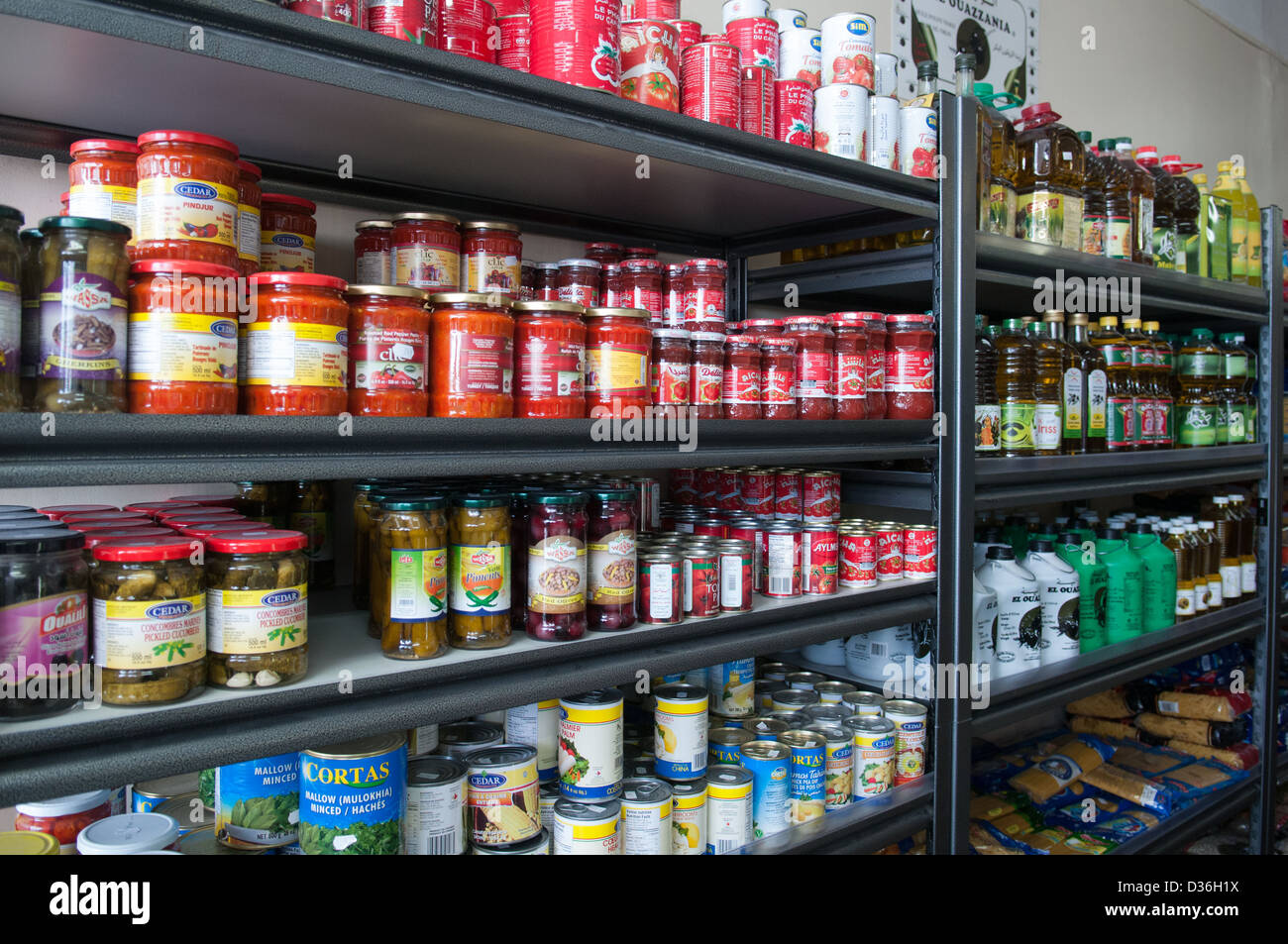 Imported food products from MIddle East and Northern Africa on Shelves of storeeconomic crises Stock Photo