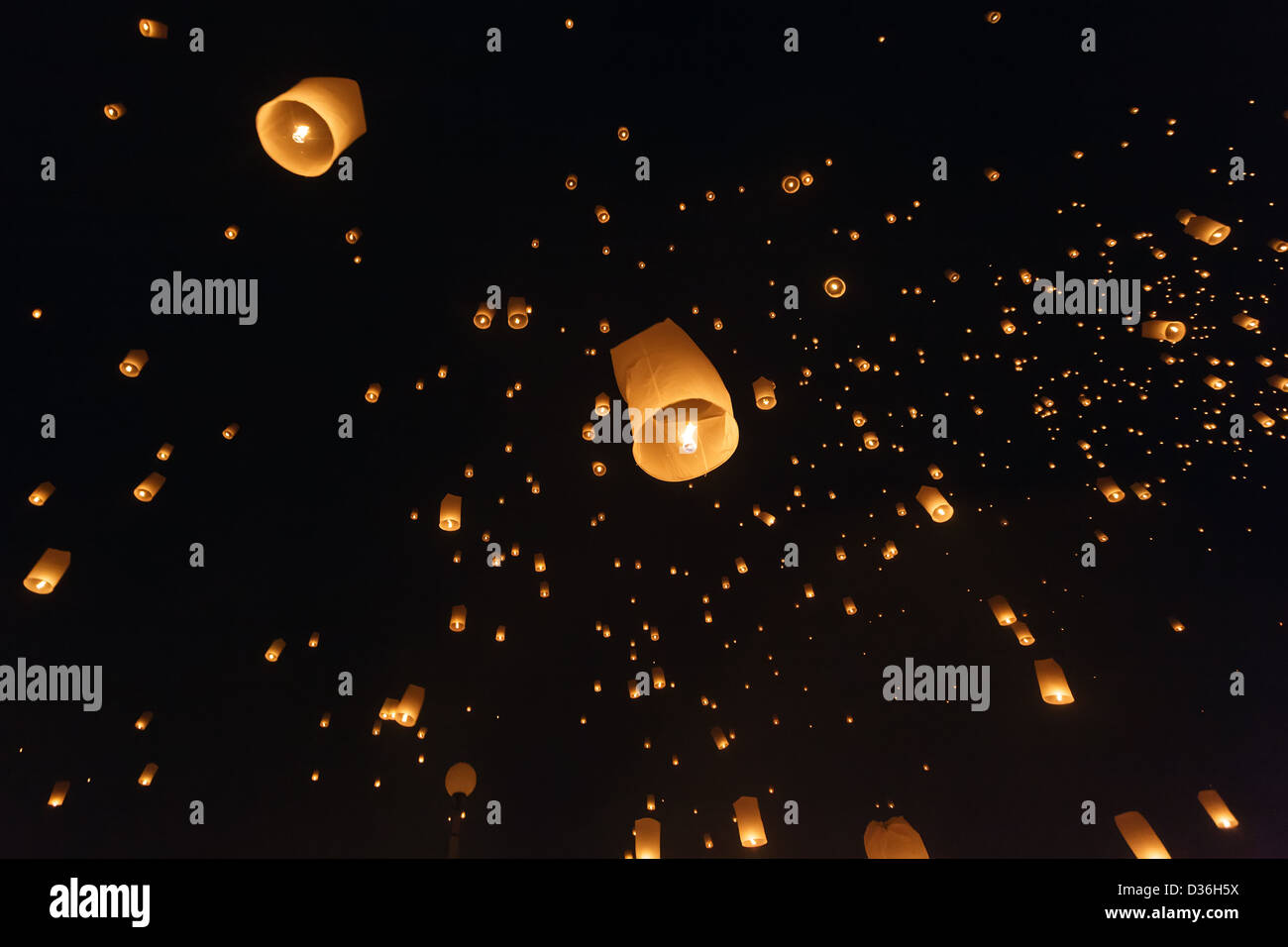 Fire lantern launching during loy krathong festival, Thailand Stock Photo