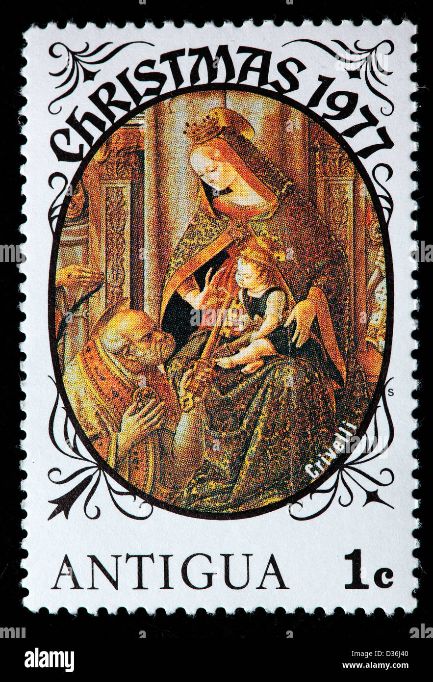 Virgin and Child (Carlo Crivelli), Christmas, postage stamp, Antigua, 1977 Stock Photo