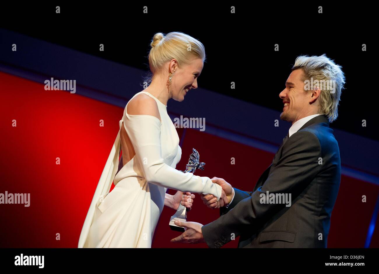 Actress Laura Birn (Finland) receives the Shooting Star 2013 trophy from US actor Ethan Hawke during the award ceremony during the 63rd annual Berlin International Film Festival in the Berlinale palace in Berlin, Germany, 11 February 2013. Photo: Sven Hoppe dpa Stock Photo