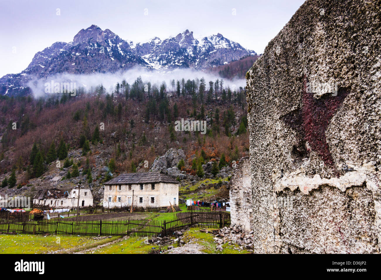 Ruined communist era structures in Valbone, Albanian Alps Stock Photo