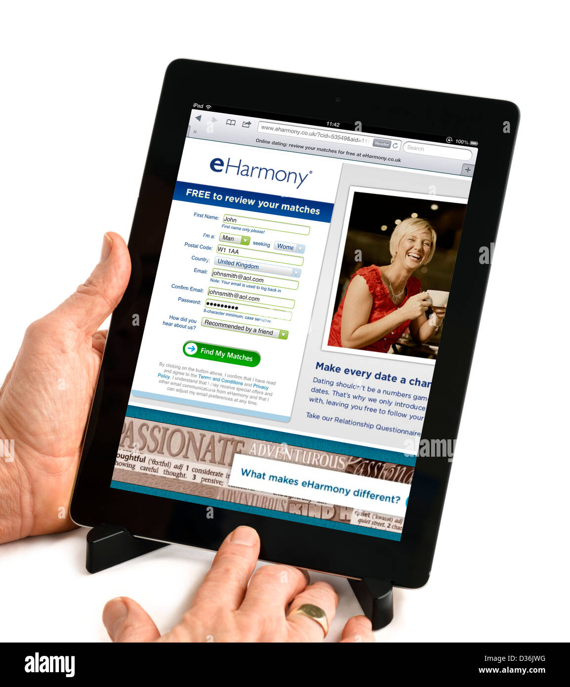 Log in screen of the online dating site eHarmony.co.uk on a 4th generation Apple iPad, UK Stock Photo