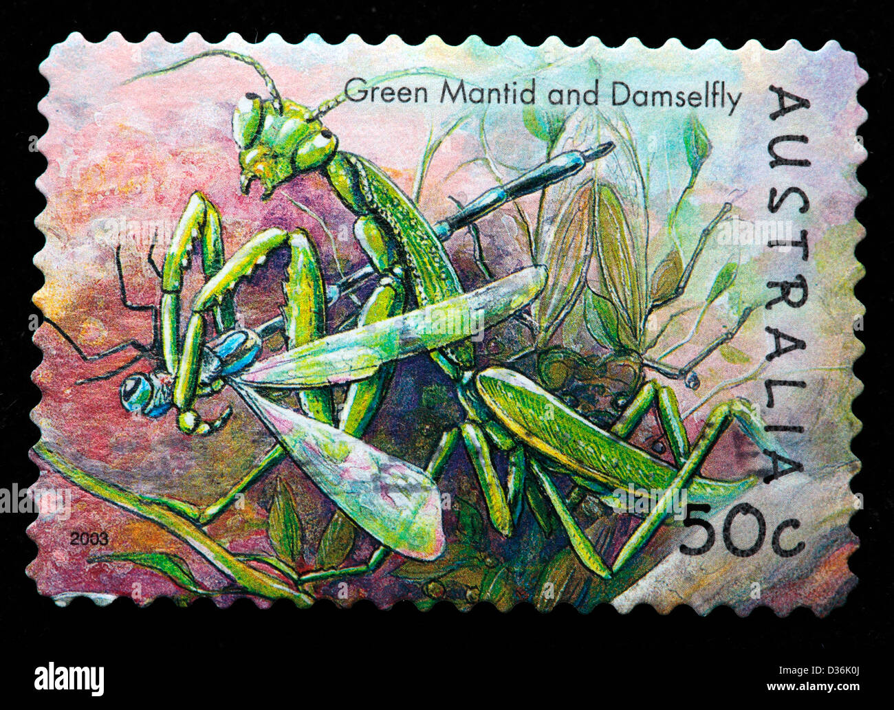 Green Mantid and damselfly, postage stamp, Australia, 2003 Stock Photo
