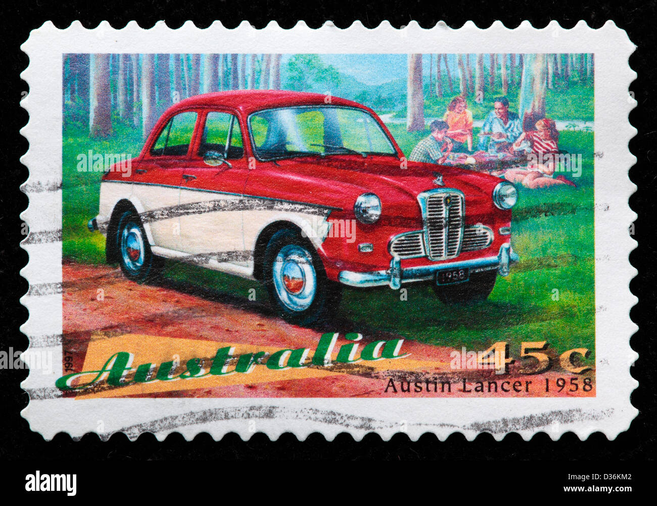 Austin Lancer (1958), Vintage car, postage stamp, Australia, 1997 Stock Photo
