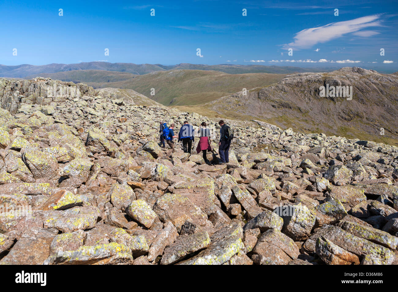 Walkers walking along path to Scafell Pike in the Lake District