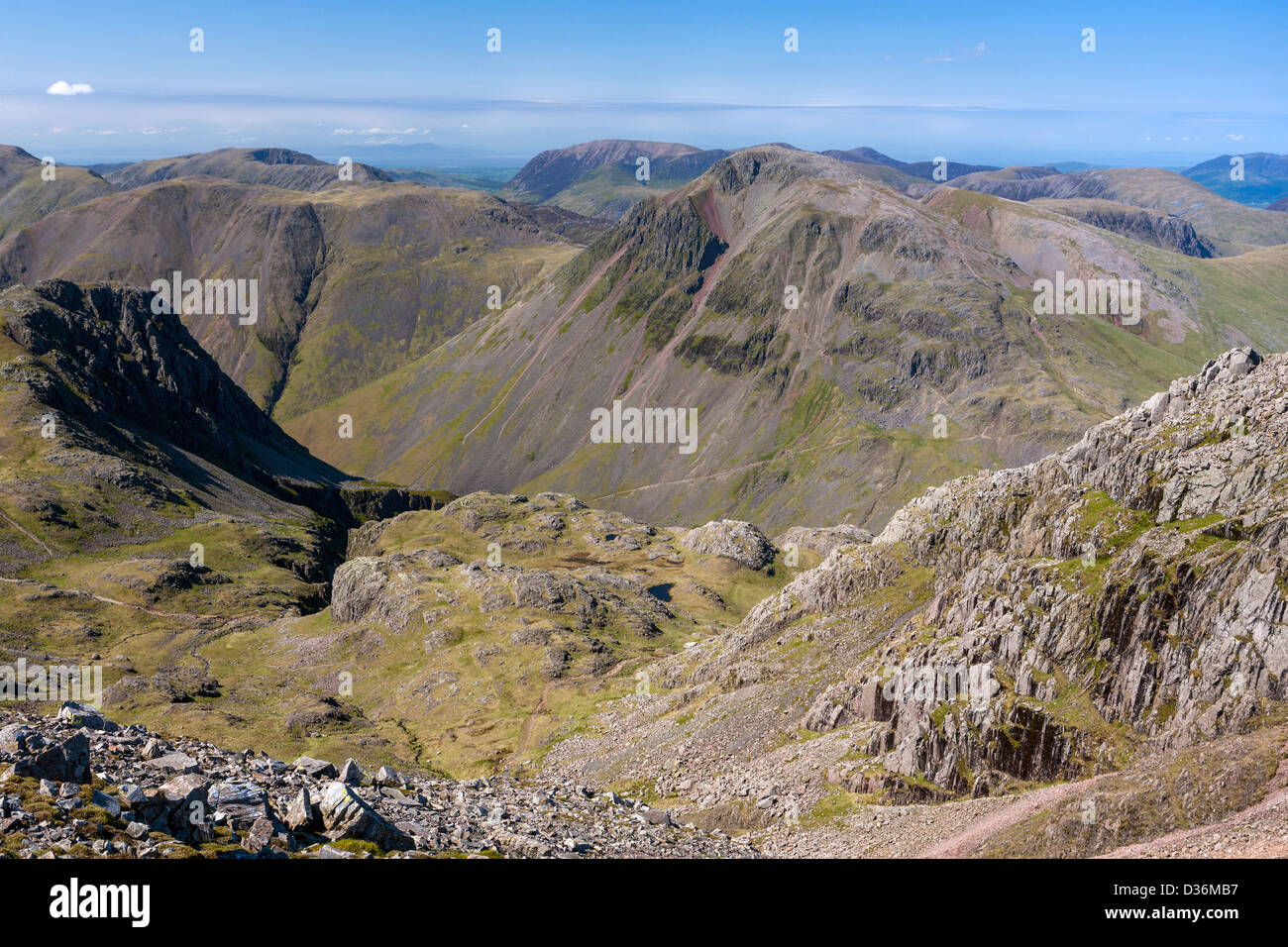 View from Scafell Pike in the Lake District National Park, Cumbria, England, UK, Europe. Stock Photo