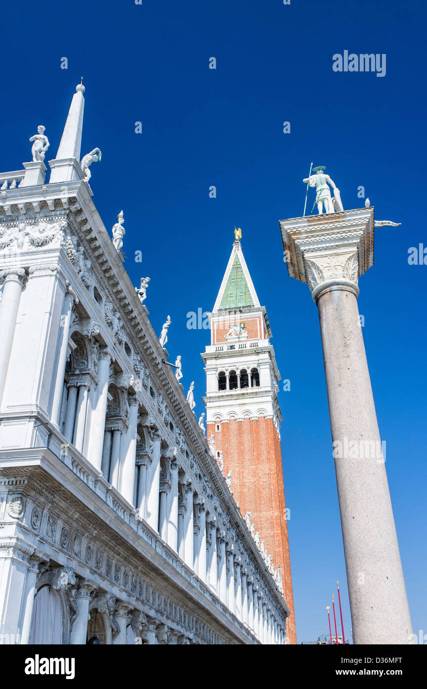 St Theodore Column and the Campanile or Bell Tower in St Mark's Square ...