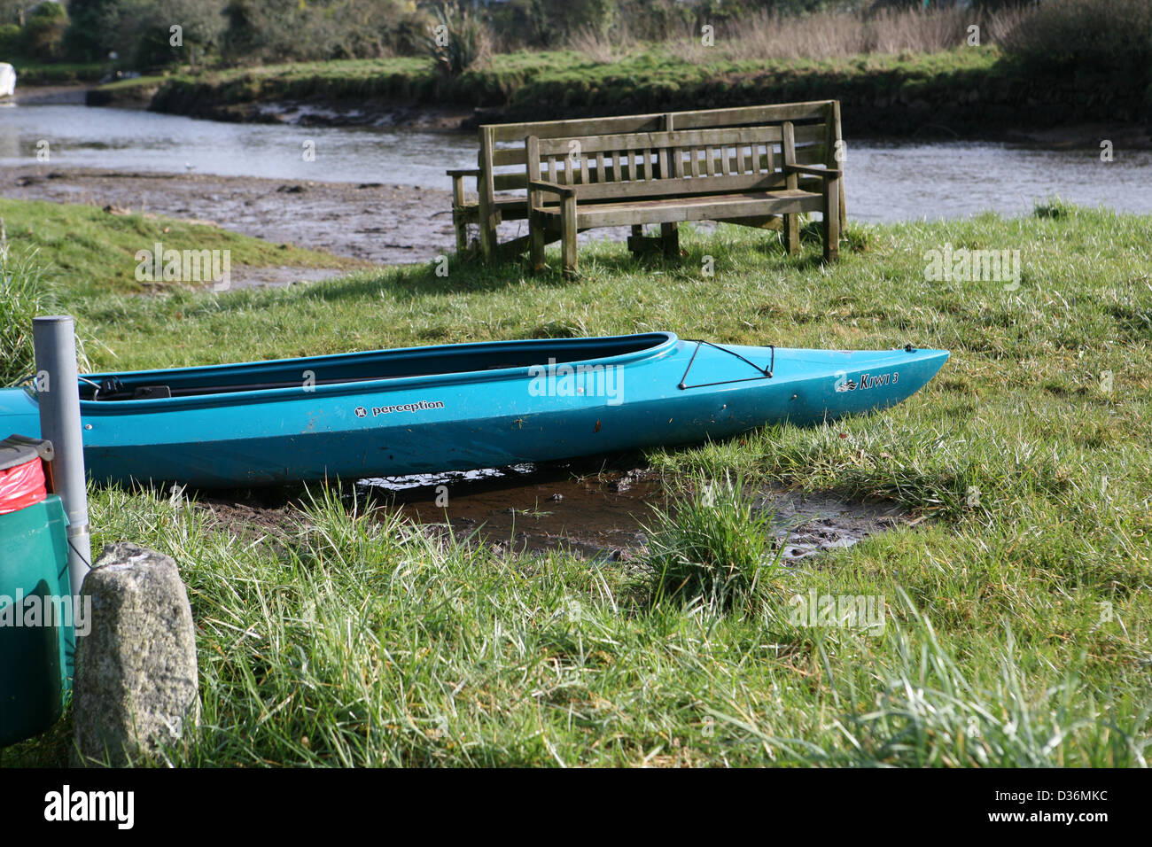 Perception Kiwi 3, a tandem open-cockpit touring kayak, on the bank at Lerryn Cornwall Stock Photo