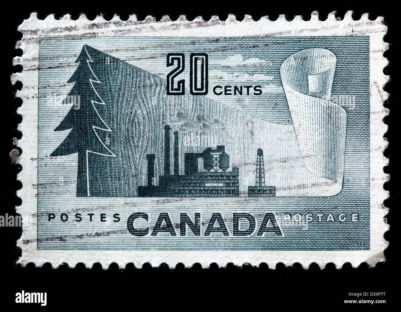 Paper production factory, postage stamp, Canada, 1952 Stock Photo