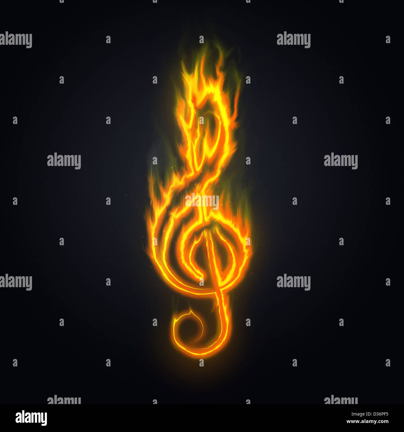 Treble clef, music or violin key on fire over a dark background. Stock Photo