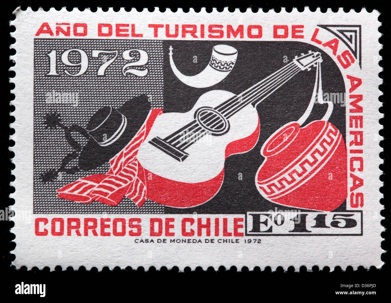 Guitar and Earthen Jar, postage stamp, Chile, 1972 Stock Photo