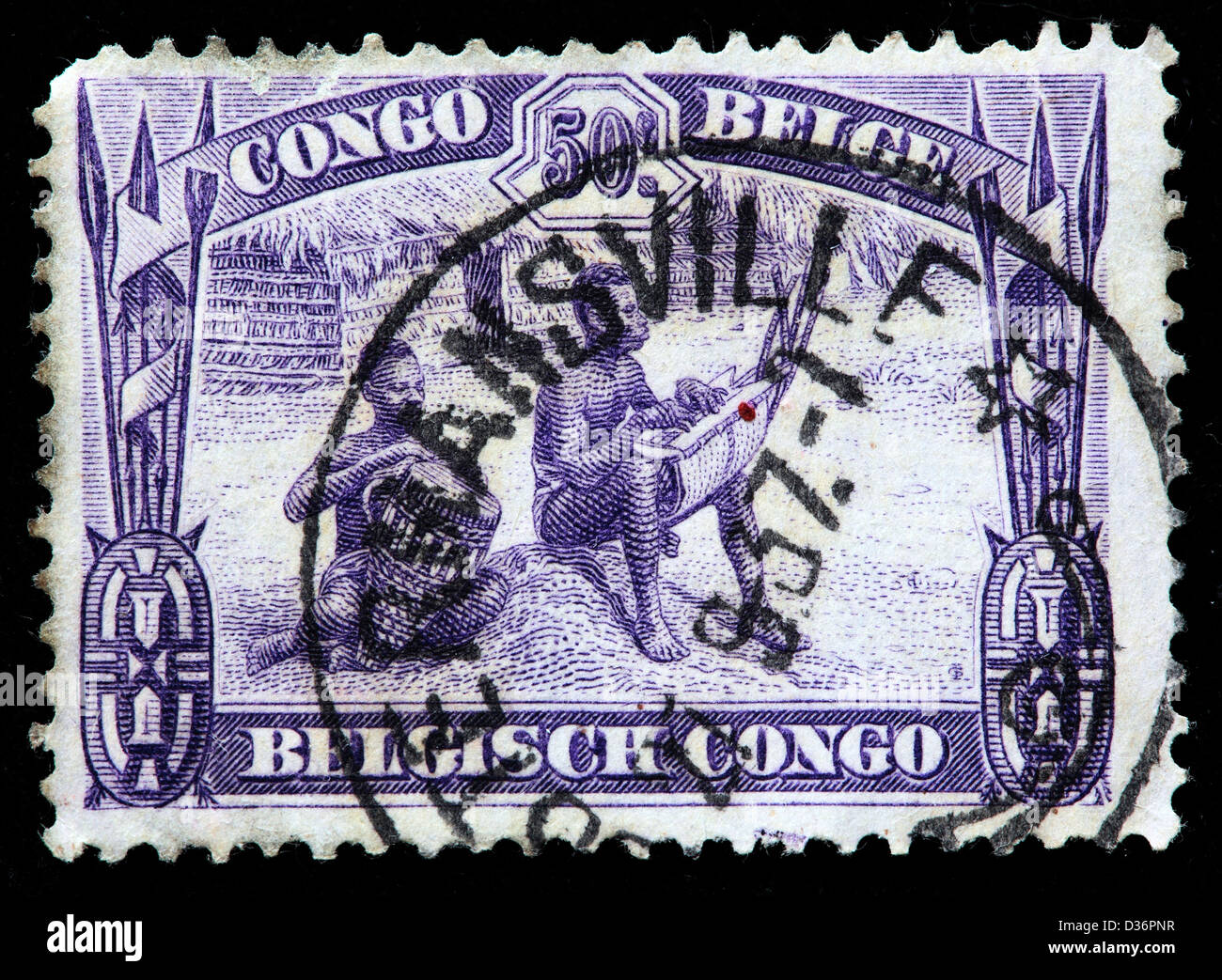 Musicians of Lake Leopold II, postage stamp, Belgian Congo, 1931 Stock Photo