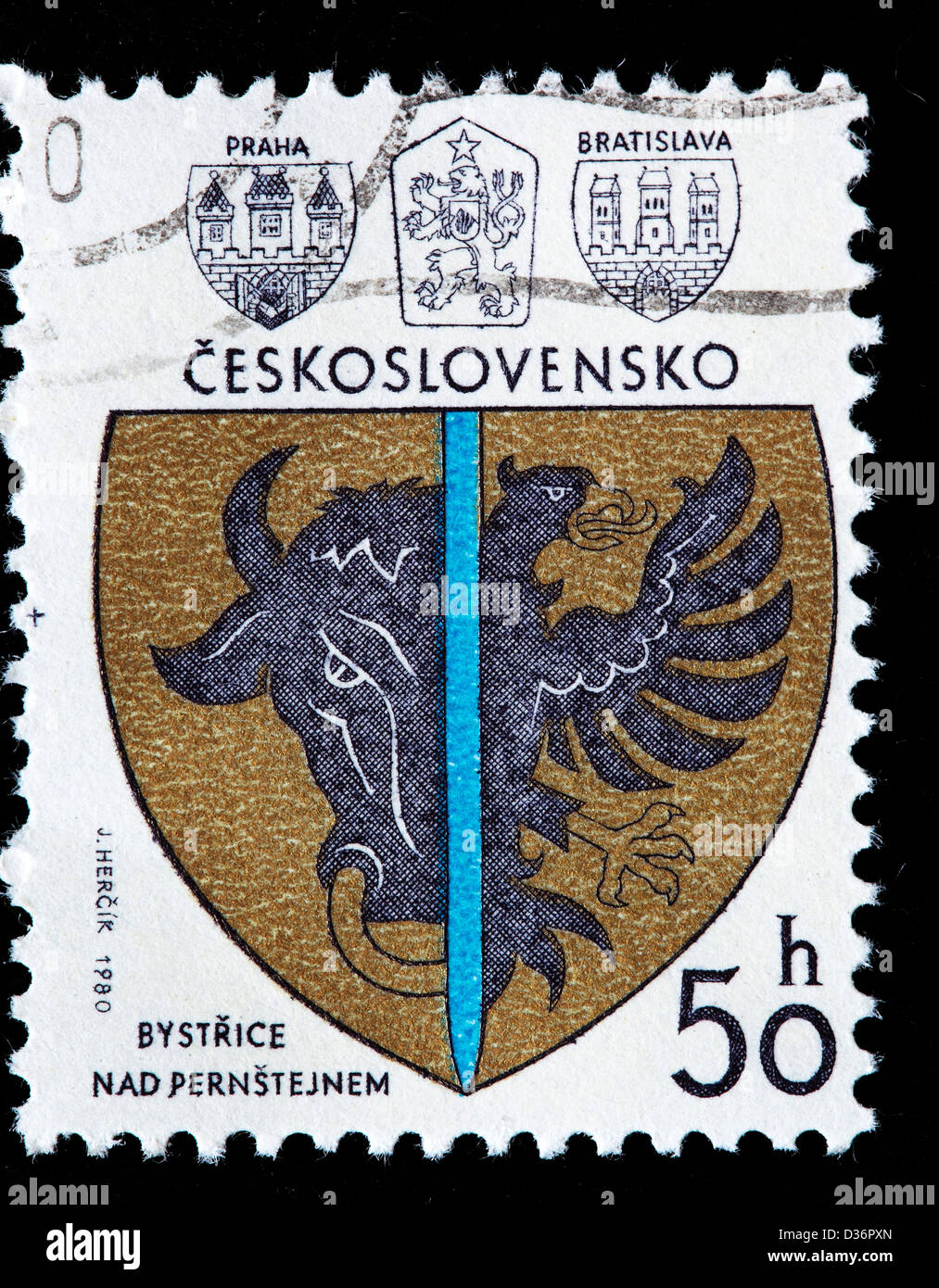 Bystrice Nad Pernstejnem, arms, postage stamp, Czechoslovakia, 1980 Stock Photo