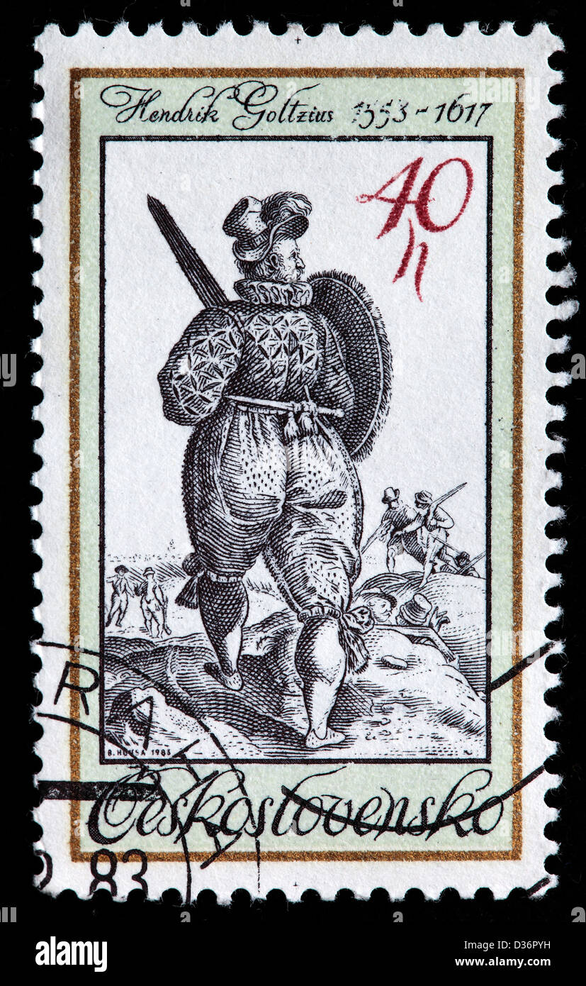 Warrior with Sword and Shield, Engraving, postage stamp, Czechoslovakia, 1983 Stock Photo