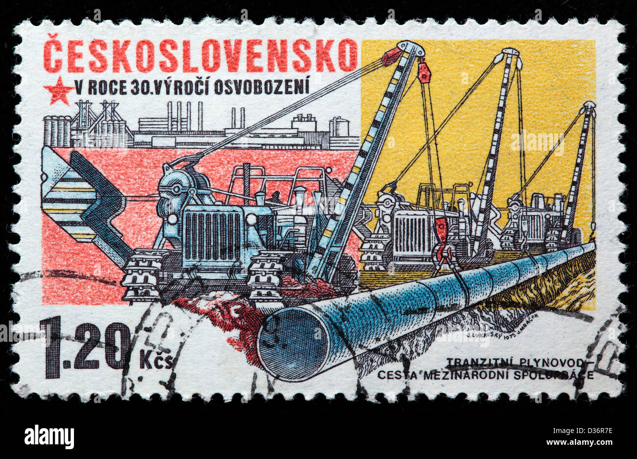 Construction of Friendship pipeline, postage stamp, Czechoslovakia, 1975 Stock Photo