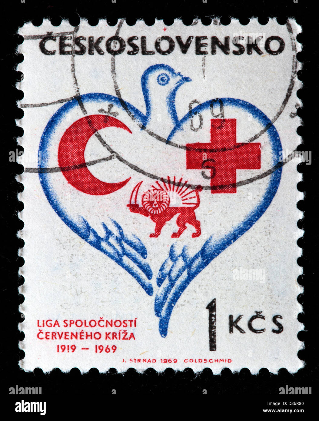 Crescent, Cross and Lion Emblem, postage stamp, Czechoslovakia, 1969 Stock Photo