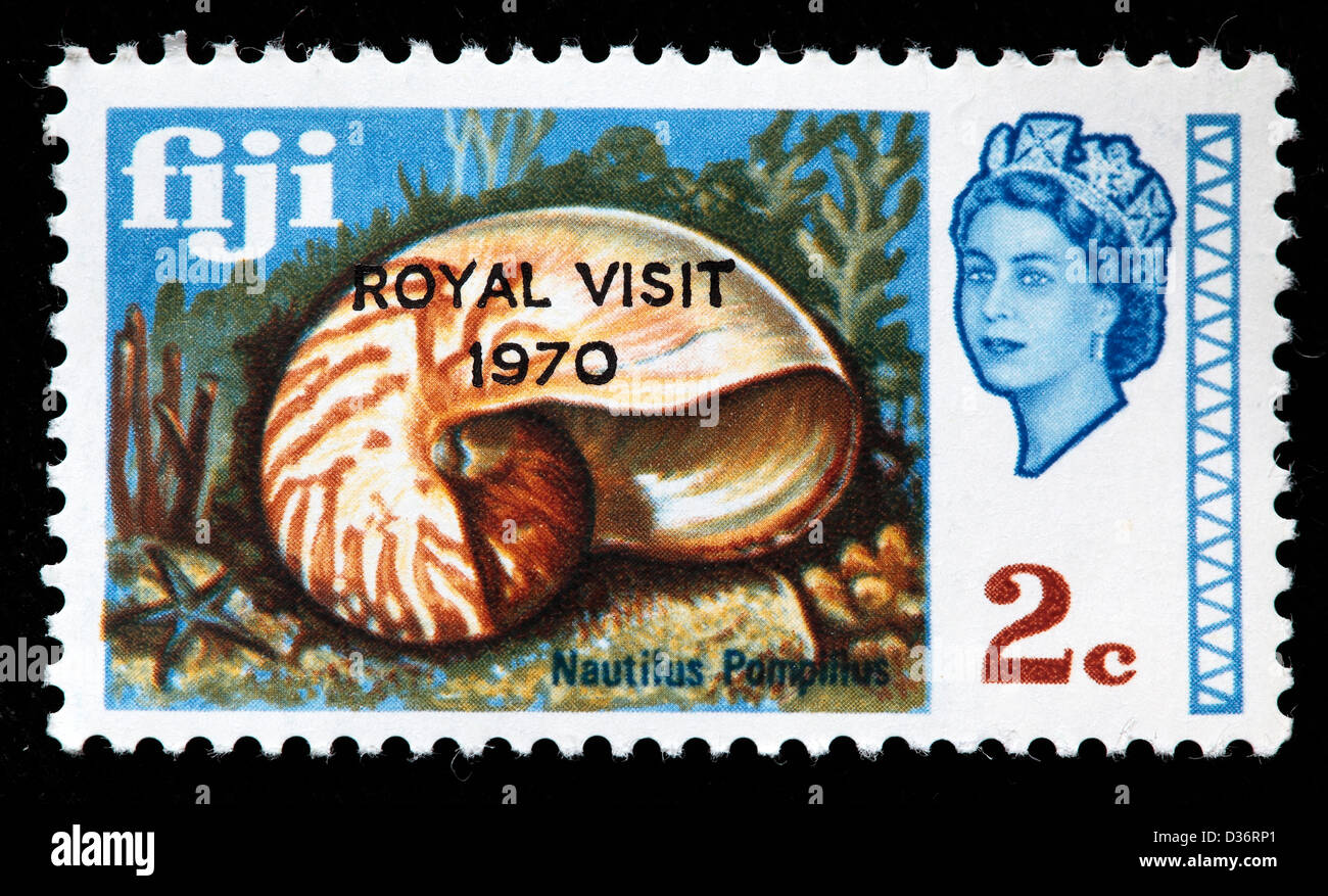 Nautilus Pompilius shell, postage stamp, Fiji, 1968 Stock Photo