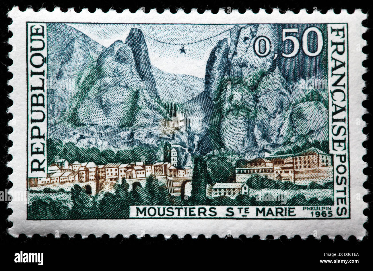 Moustiers-Sainte-Marie, postage stamp, France, 1965 Stock Photo