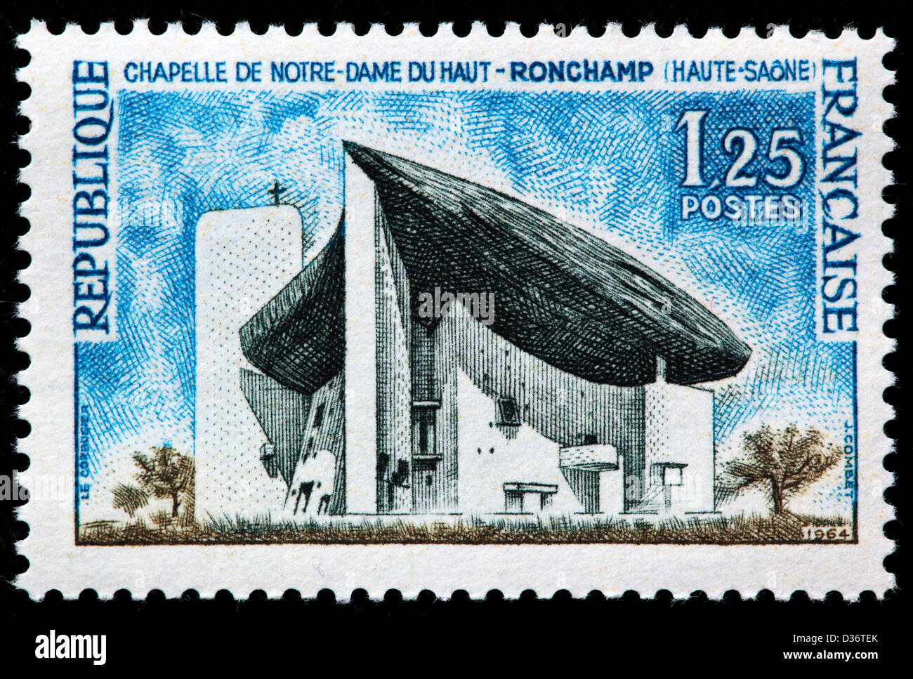 Chapel of Notre Dame du Haut, Ronchamp, postage stamp, France, 1964 Stock Photo