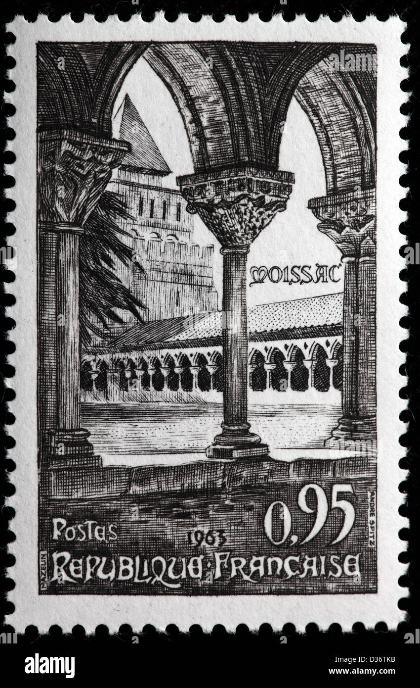 Cloister of the Saint Pierre abbey (1100), Moissac, postage stamp, France, 1963 Stock Photo