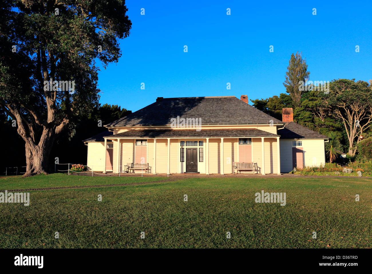 The historic treaty house at the Waitangi Treaty Grounds. Stock Photo