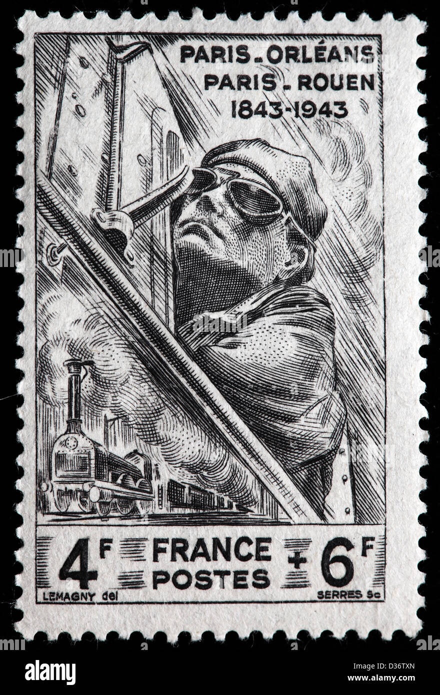 Paris Rouen railway, postage stamp, France, 1943 Stock Photo