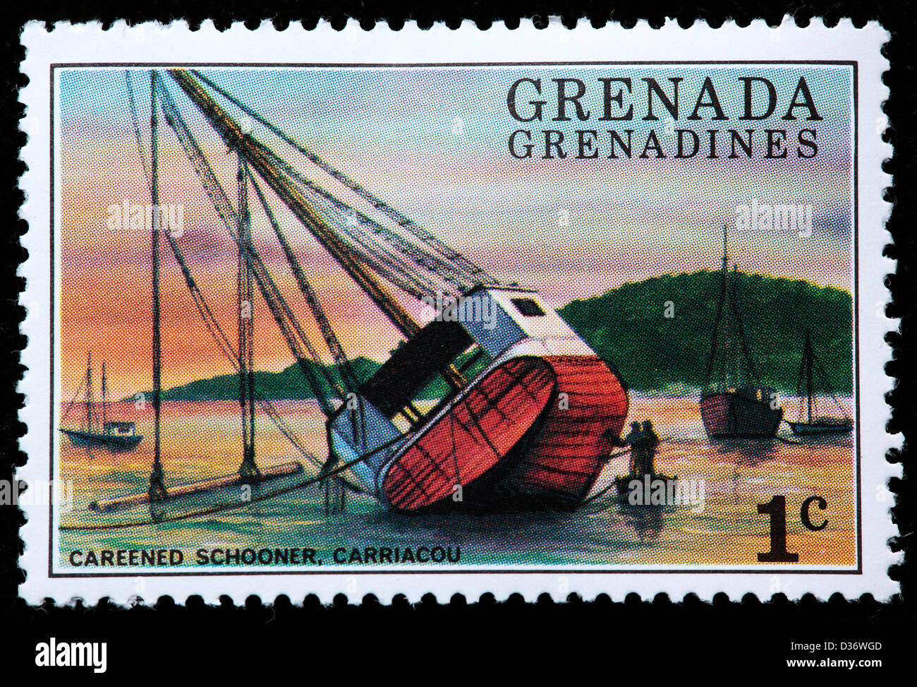 Careened Schooner, Carriacou, postage stamp, Grenada Grenadines, 1976 Stock Photo