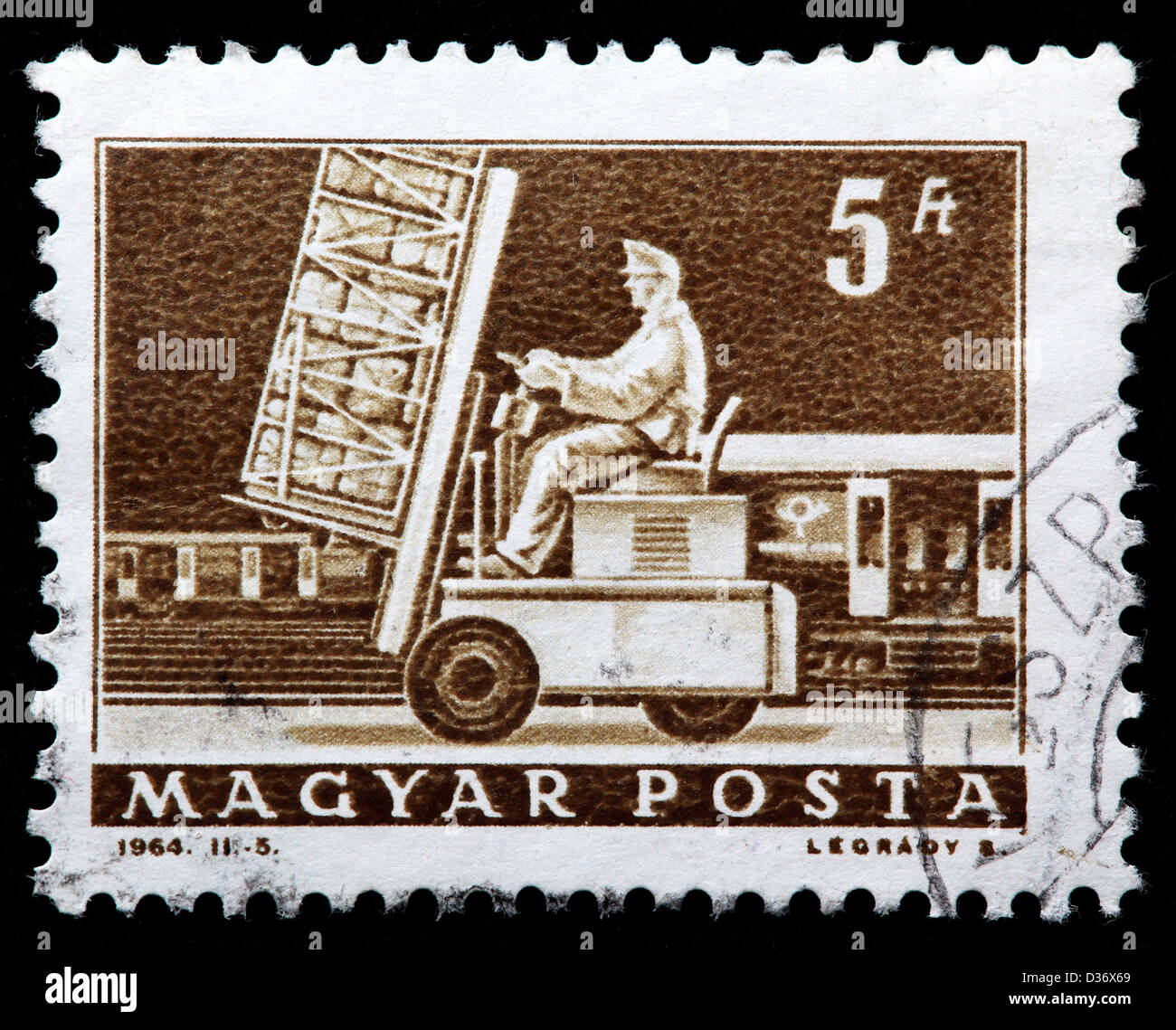 Hydraulic lift truck and mail car, postage stamp, Hungary, 1964 Stock Photo