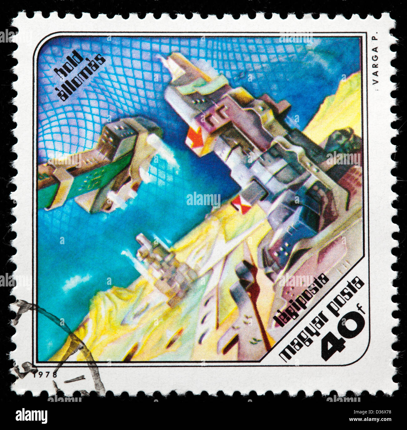 Moon station, science fiction painting by Pal Varga, postage stamp, Hungary, 1978 Stock Photo