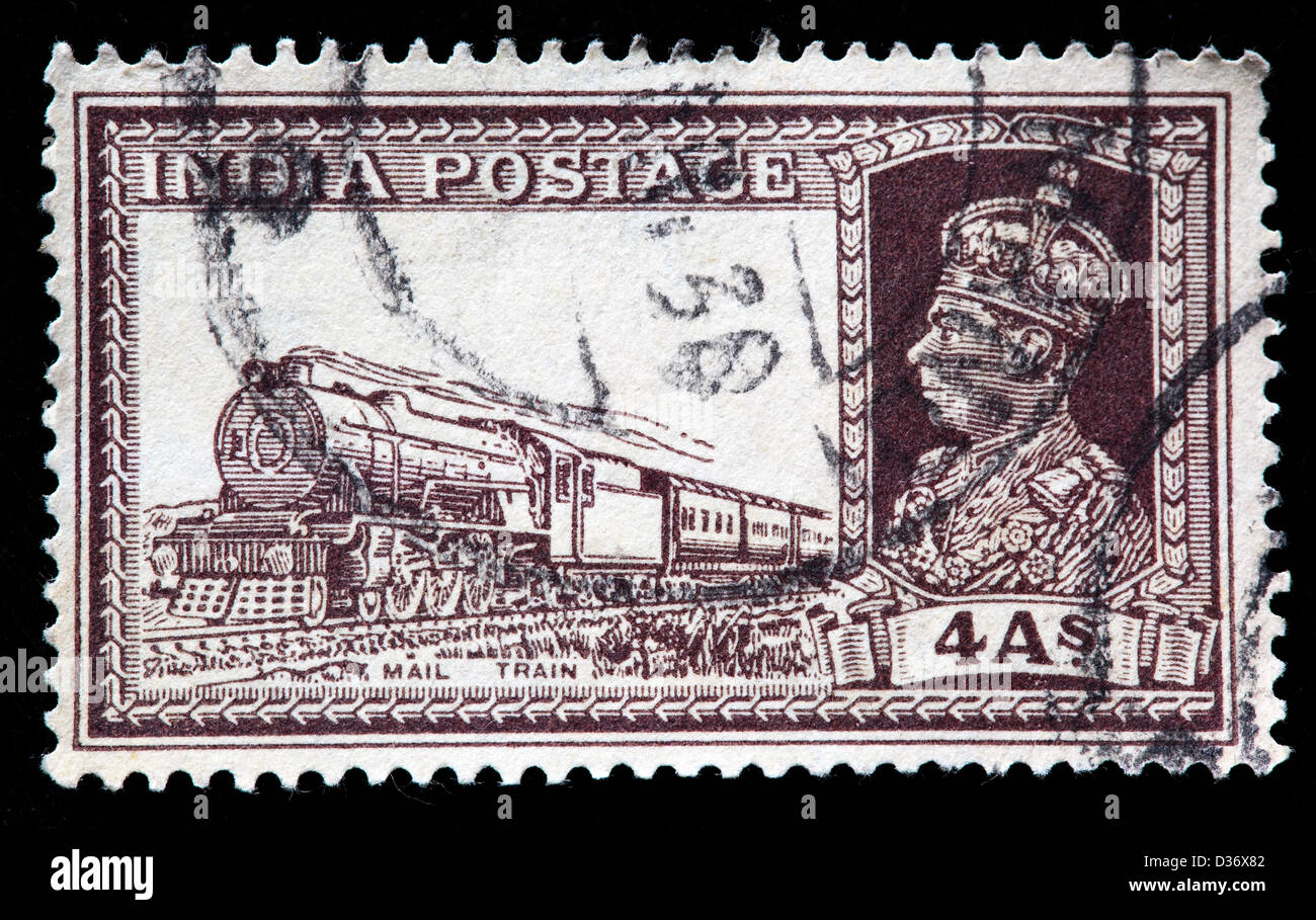 Mail train, postage stamp, India, 1937 Stock Photo