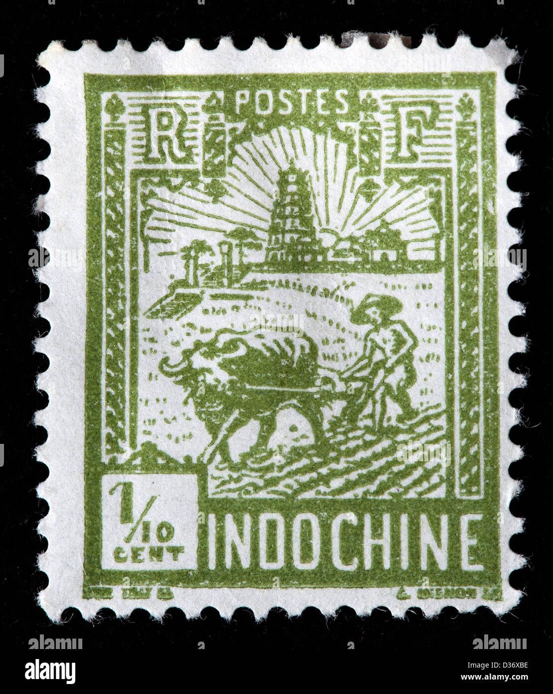 Plowing, Tower of Confucius, Indochina, postage stamp, 1927 Stock Photo
