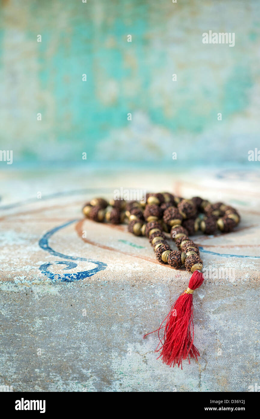 Indian Rudraksha / Japa Mala prayer beads Stock Photo