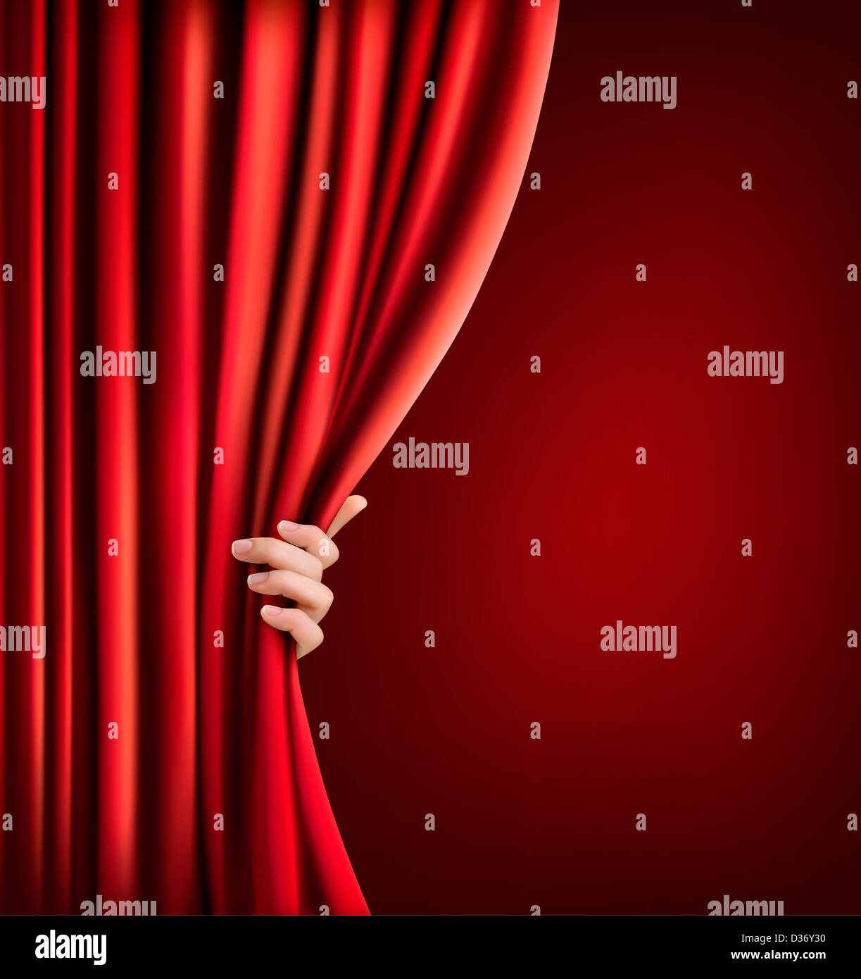 Background with red velvet curtain and hand. Stock Photo