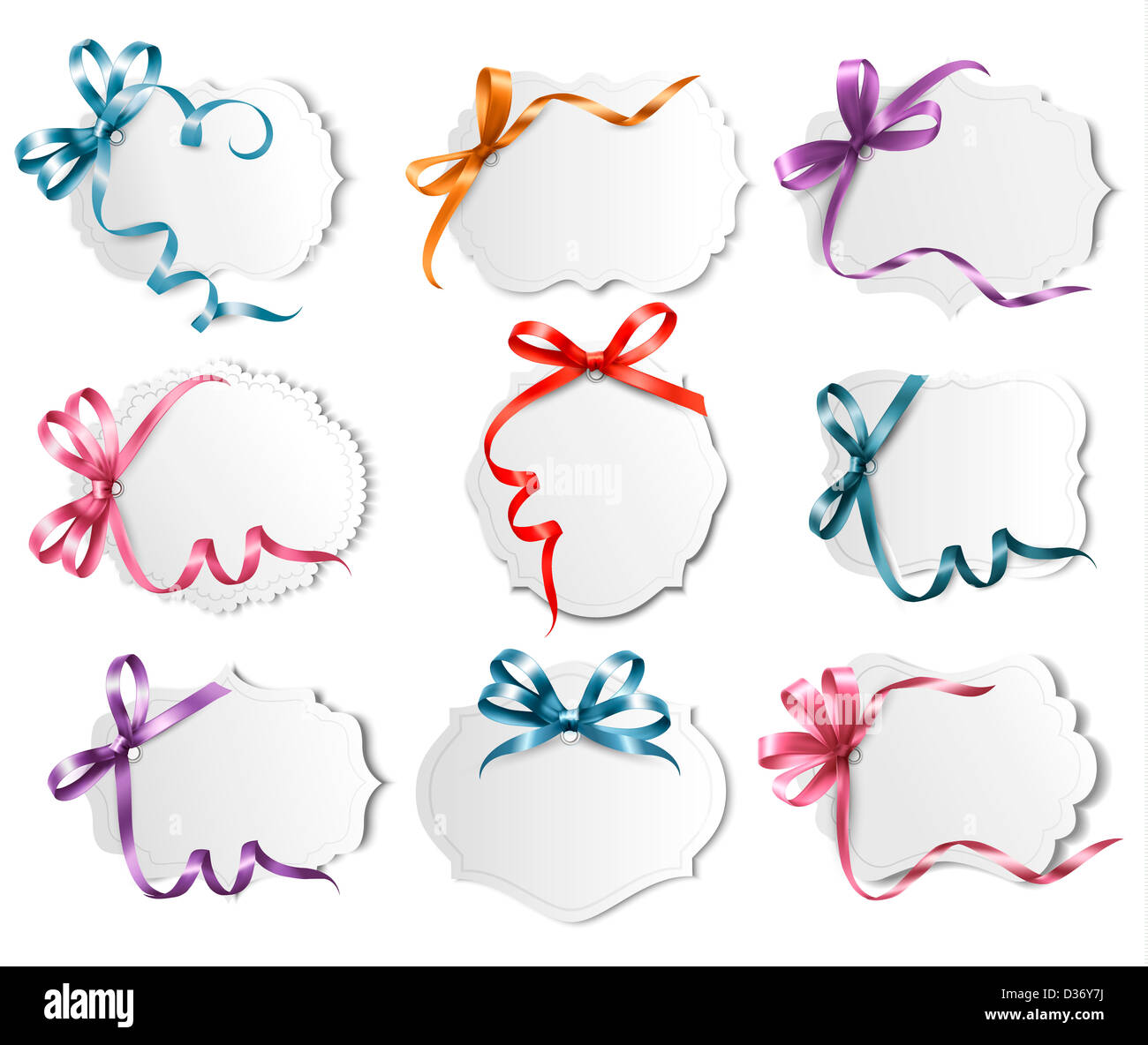 Set of beautiful cards with colorful gift bows with ribbons Stock Photo ...