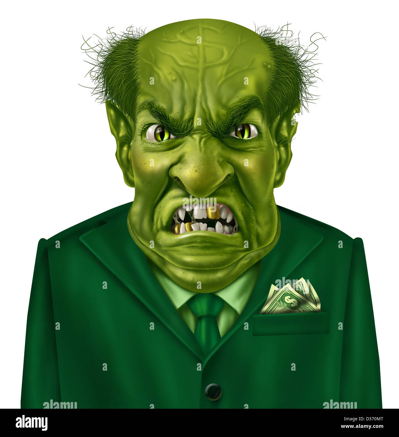 Selfish greed as a green business boss character with a suit and dollar sign on his forehead representing the concept of selfishness and greedy financial behavior. Stock Photo