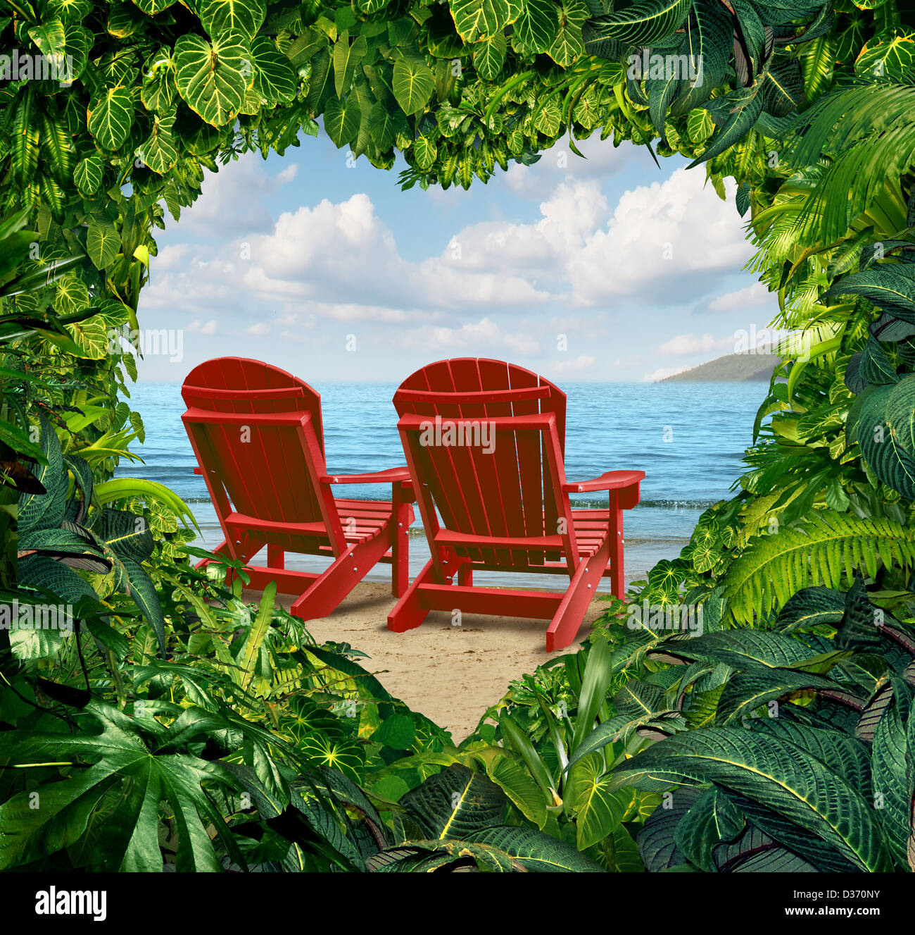 Romantic getaway and escape to a tropical beach vacation concept with two red adirondack chairs with jungle plants in the shape Stock Photo