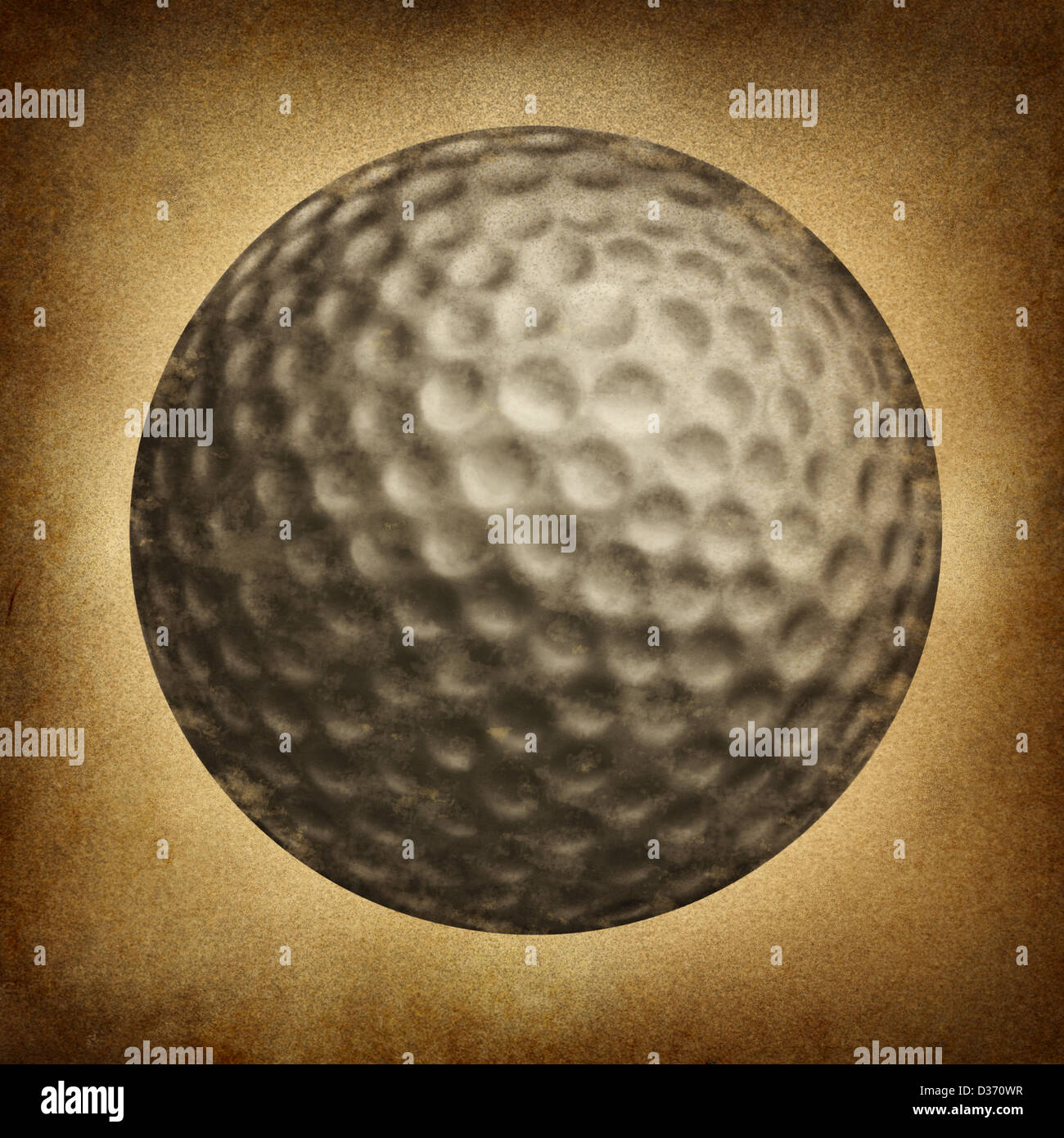 Golf ball in an old vintage grunge texture on parchement paper as a traditional sporting symbol of an individual leisure game played on an eighteen hole course. Stock Photo