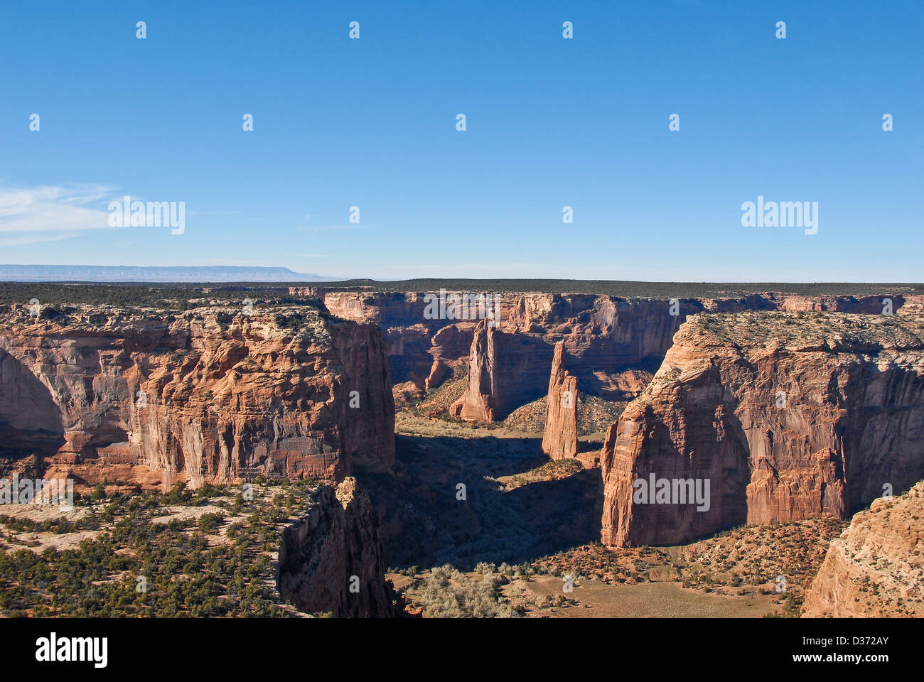 Canyon de Chelly National Monument (aerial helicopter view) including Spider Rock, located near Chinle, Arizona. (USA) Stock Photo