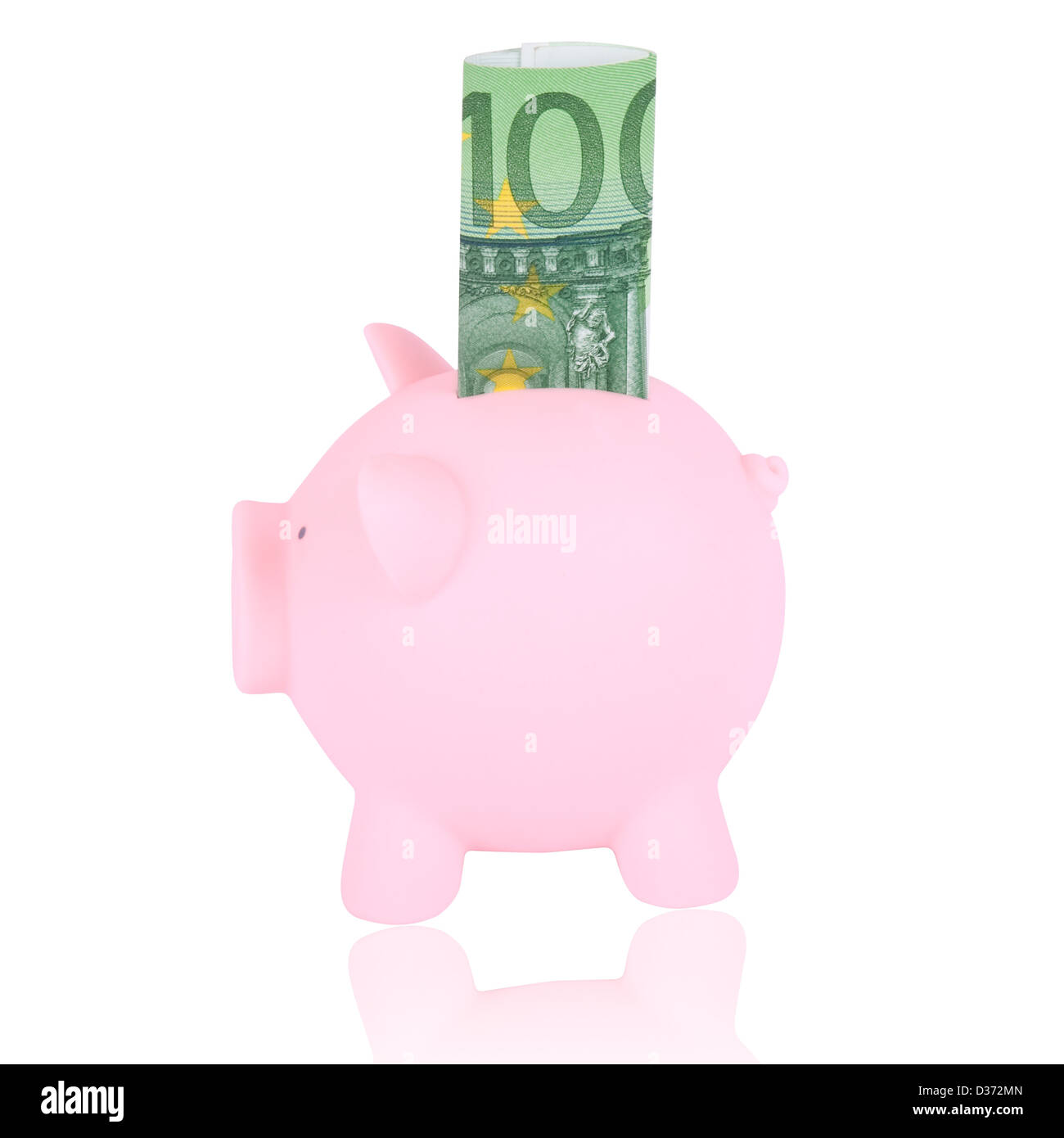 Pink piggy bank with 100 euro banknote on a white background Stock ...