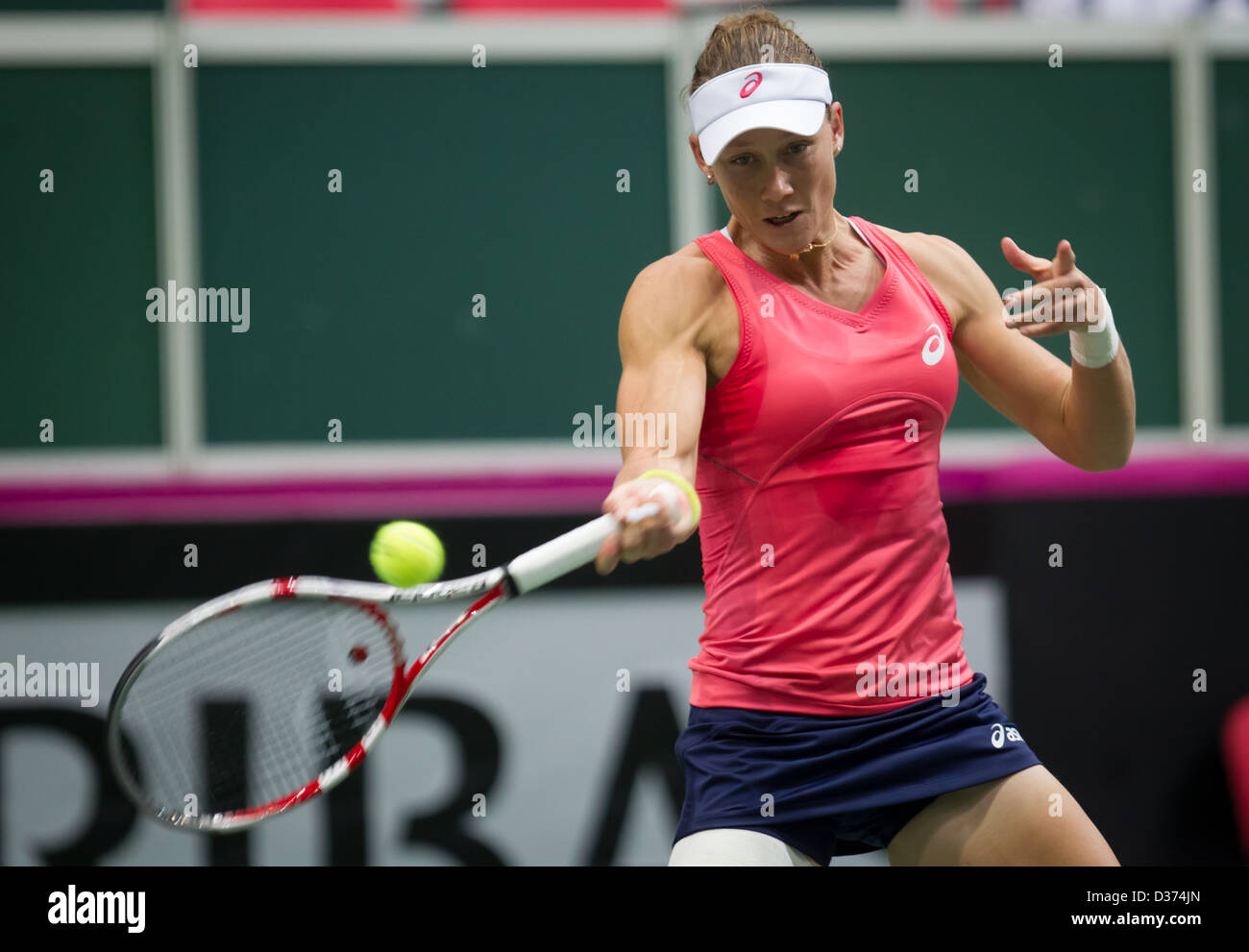 Australia's Samantha Stosur (left) lost 1st round Fed Cup match against Petra Kvitova Czech Republic vs Australia in Ostrava Stock Photo