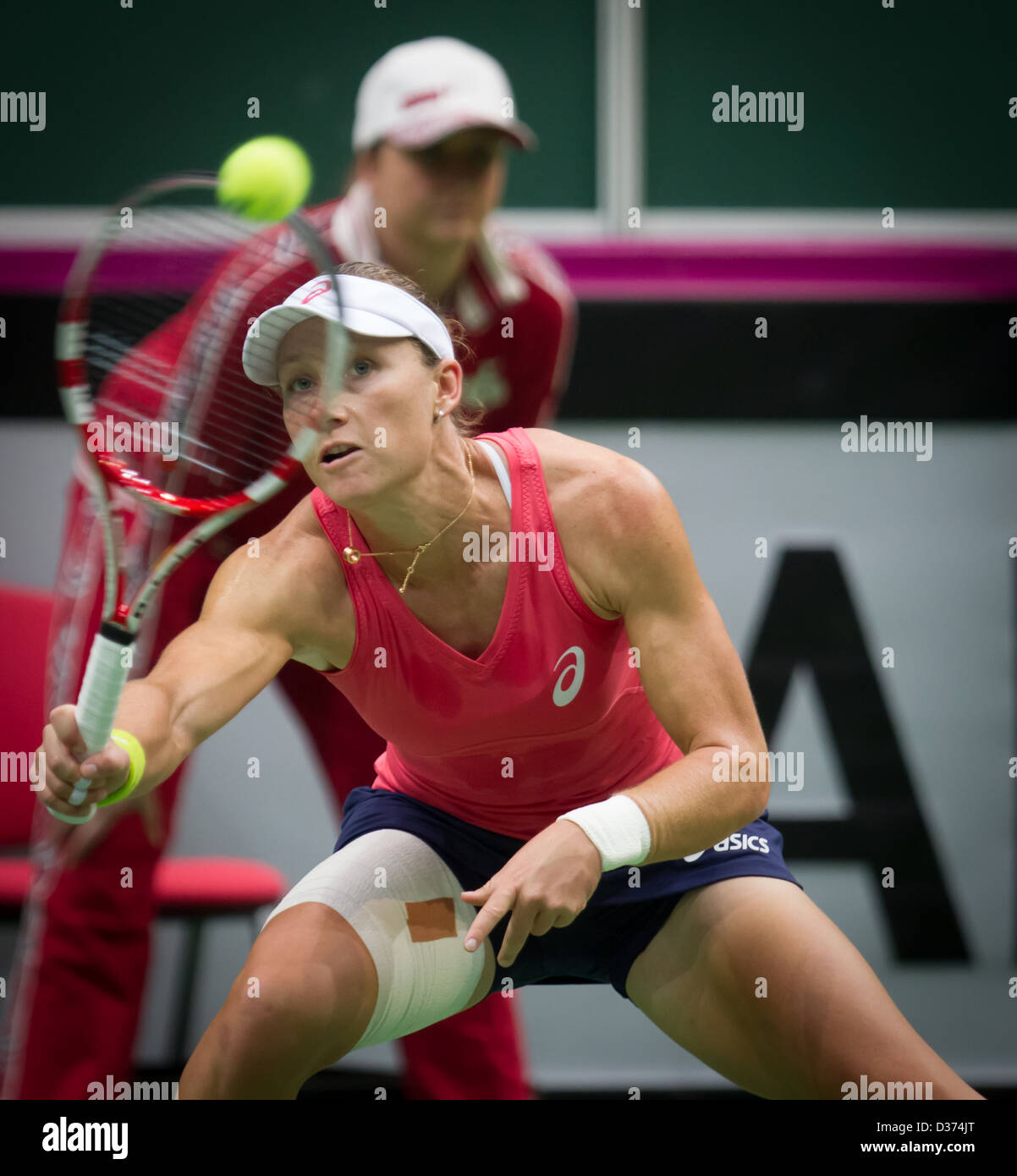 Australia's Samantha Stosur (left) lost 1st round Fed Cup match against Petra Kvitova Czech Republic vs Australia in Ostrava Stock Photo