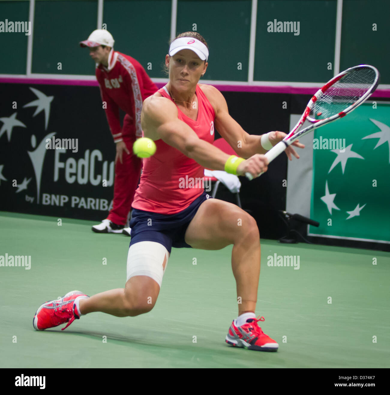 Australia's Samantha Stosur (left) lost 1st round Fed Cup match against Petra Kvitova Czech Republic vs Australia in Ostrava Stock Photo