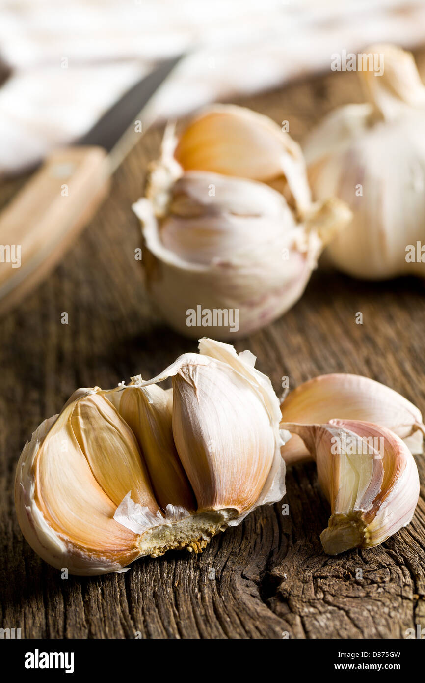the fresh garlic on wooden table Stock Photo