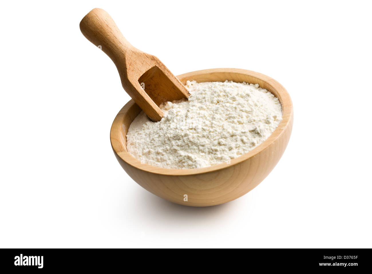 flour in wooden bowl on white background Stock Photo