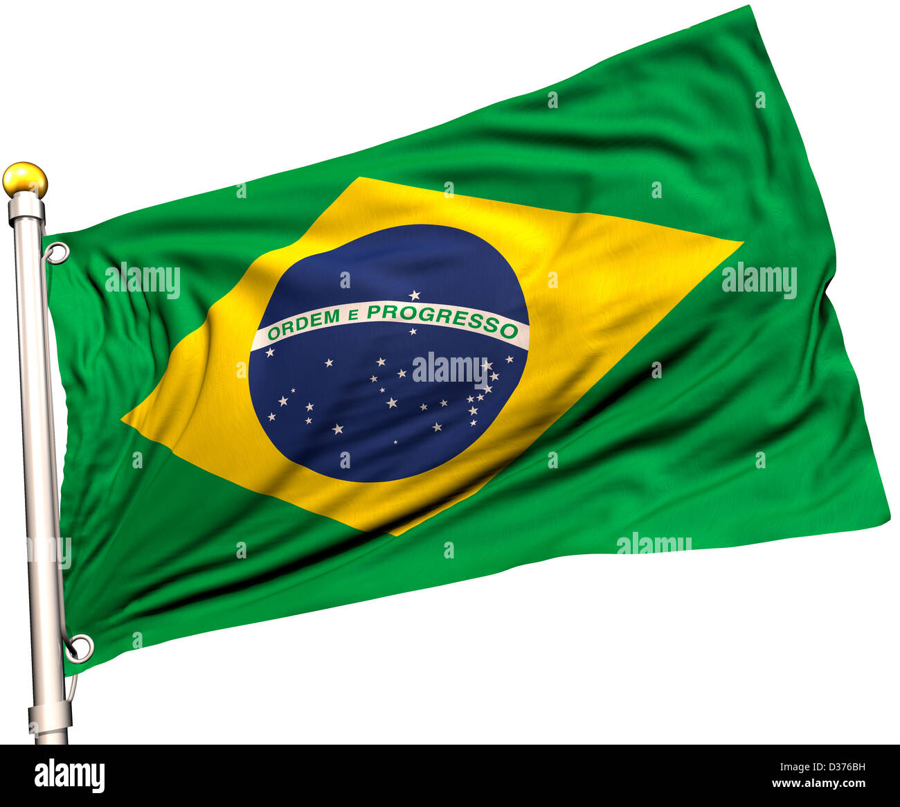 Brazil flag on a flag pole. Clipping path included. Silk texture visible on the flag at 100%. Stock Photo