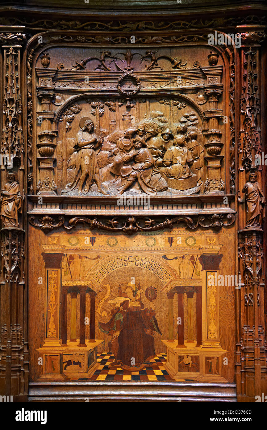 medieval sculpted wooden choir seats Cathedral Basilica of Saint Denis , Paris France Stock Photo