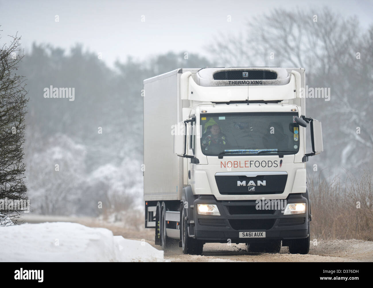 A lorry in snowy conditions on the A46 in Gloucestershire UK Jan 2013 Stock Photo