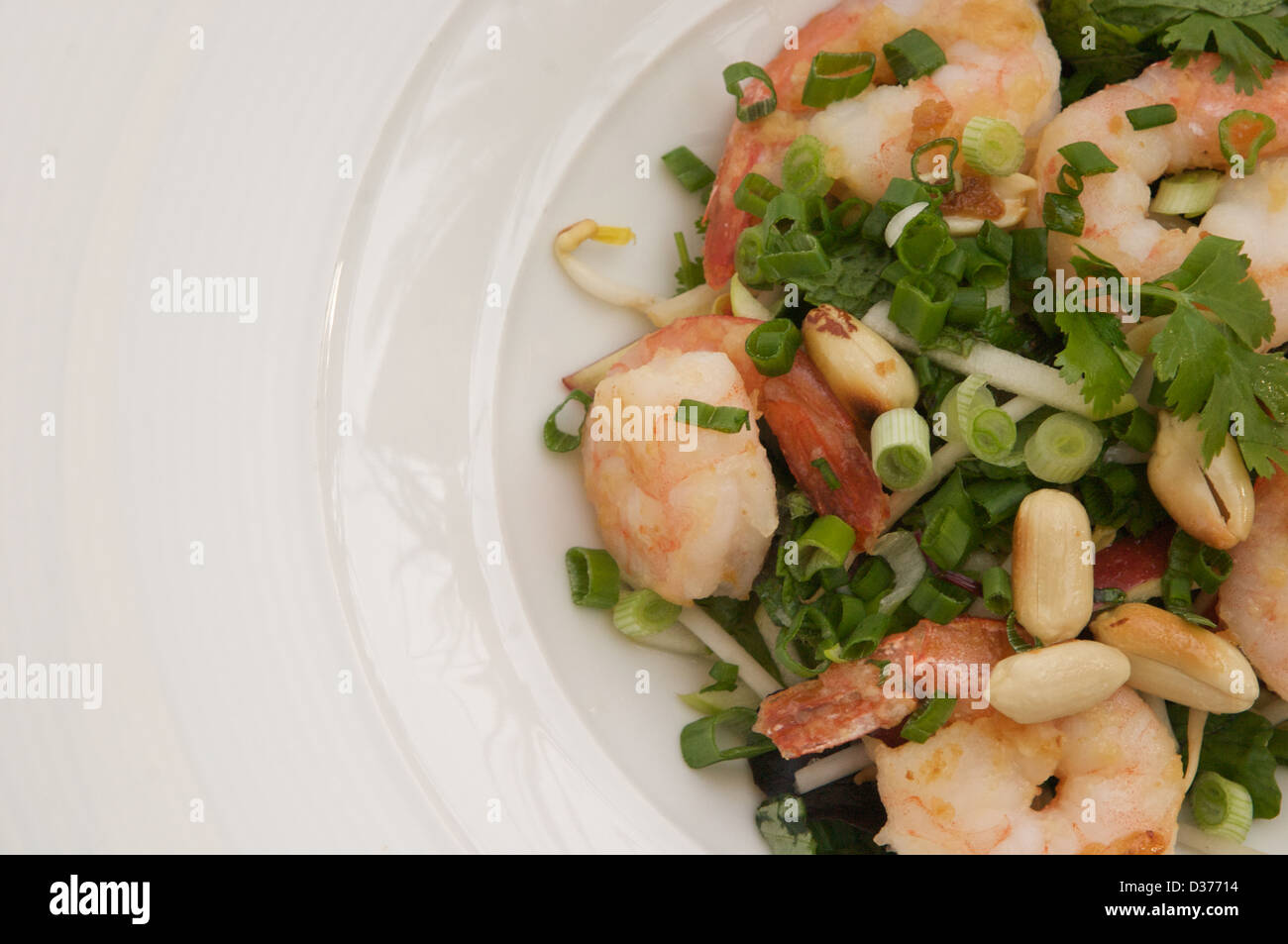 Prawn salad with mint, basil and crunchy peanuts served in a white bowl Stock Photo